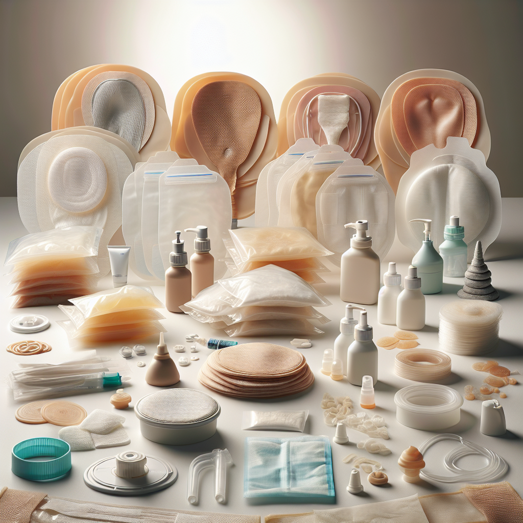 Different types of ostomy supplies displayed on a white surface.