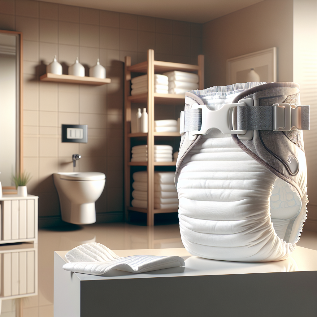 A clean bathroom with prominently displayed adult diapers, showing their features like adjustable tabs and high-capacity absorbent cores.