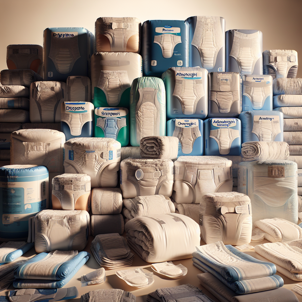 Various types of adult nappies for men displayed, highlighting different designs and absorbency levels.