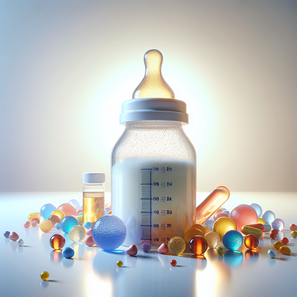 A baby bottle filled with Enfamil AR Formula on a white countertop, surrounded by nutrient capsules.