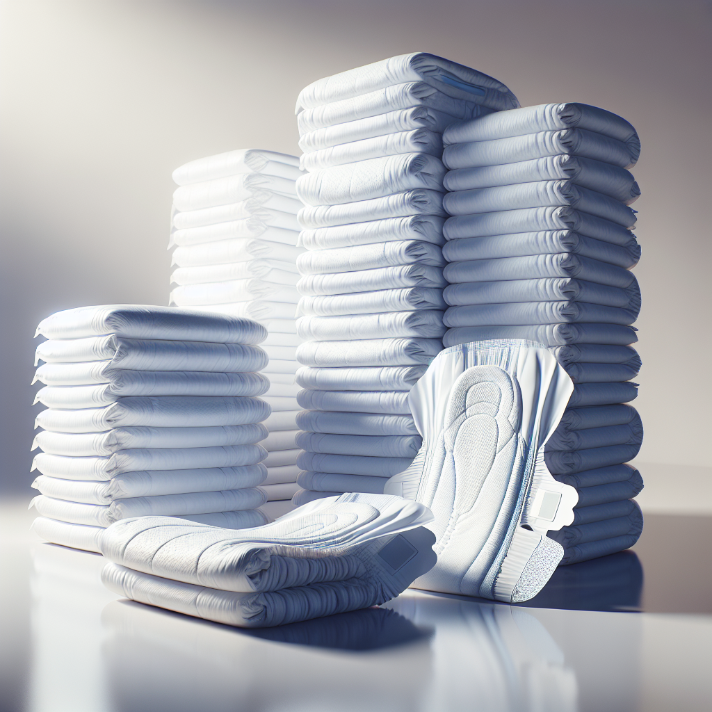Realistic image of adult diapers showcasing their absorbent cores, leak guards, and adjustable tabs on a clean white surface.