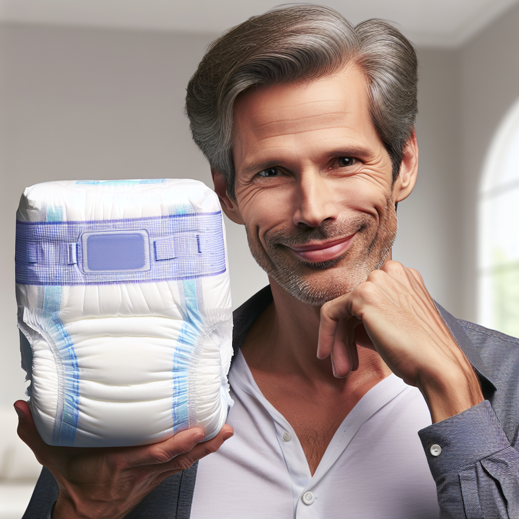 A confident middle-aged man holding an adult nappy with a reassuring smile.