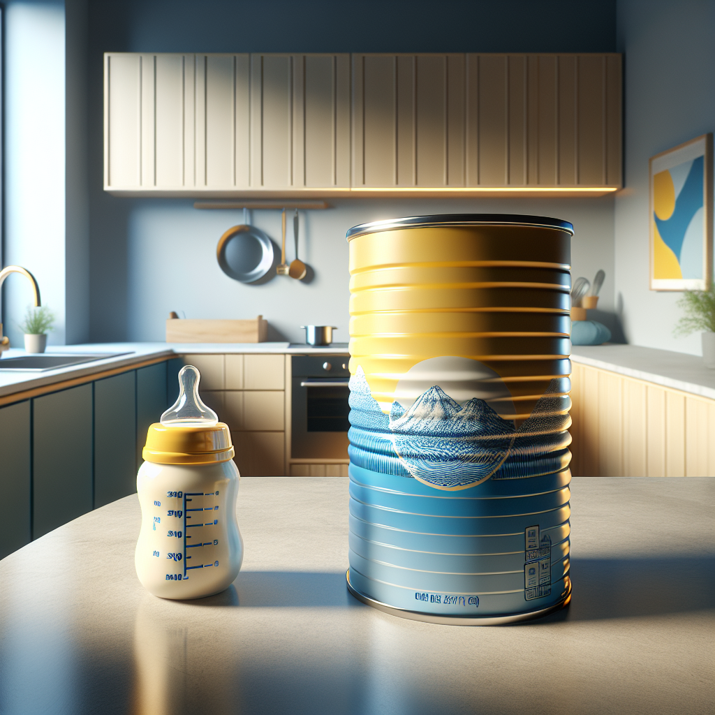 A tin of Enfamil AR Formula and a baby bottle on a modern kitchen counter.