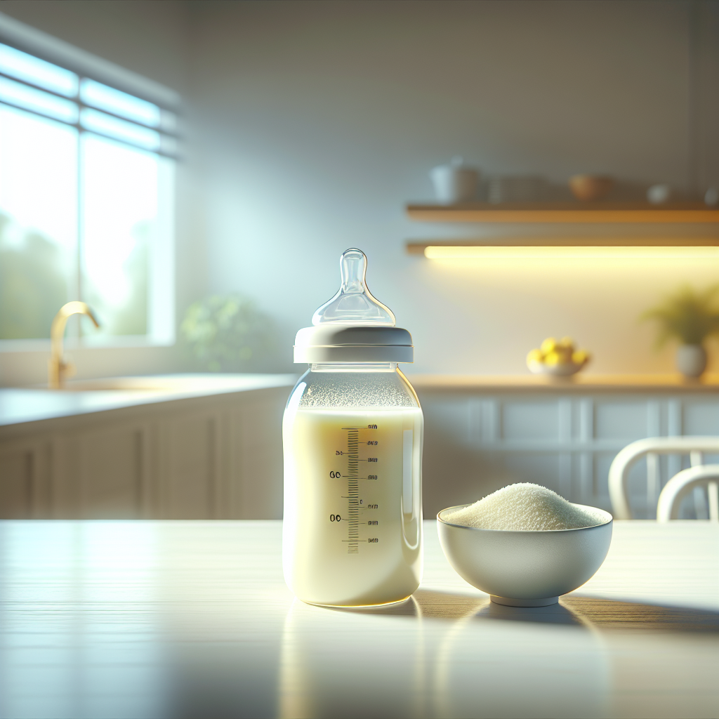 A baby bottle filled with Enfamil AR Formula on a white kitchen counter with a bowl of rice starch.