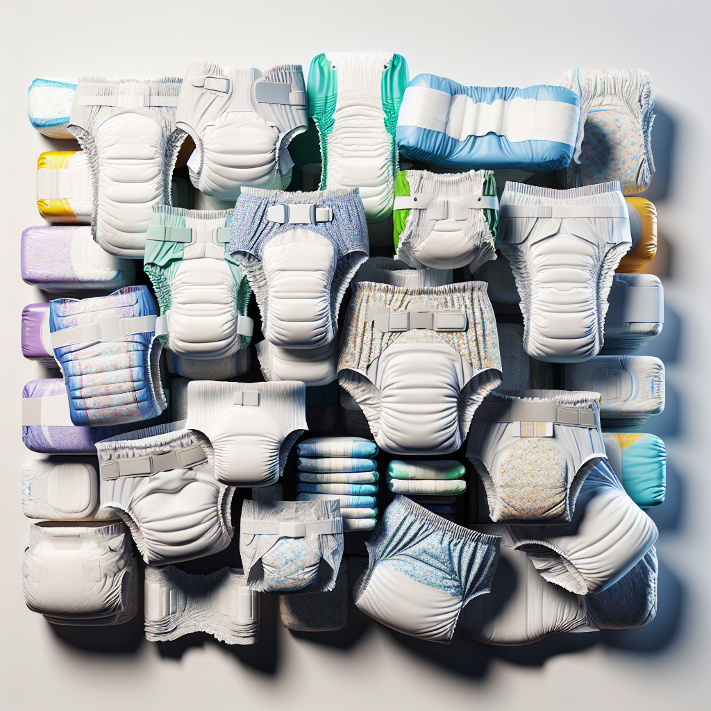 Various types of adult nappies for men in different sizes and designs displayed on a white background.