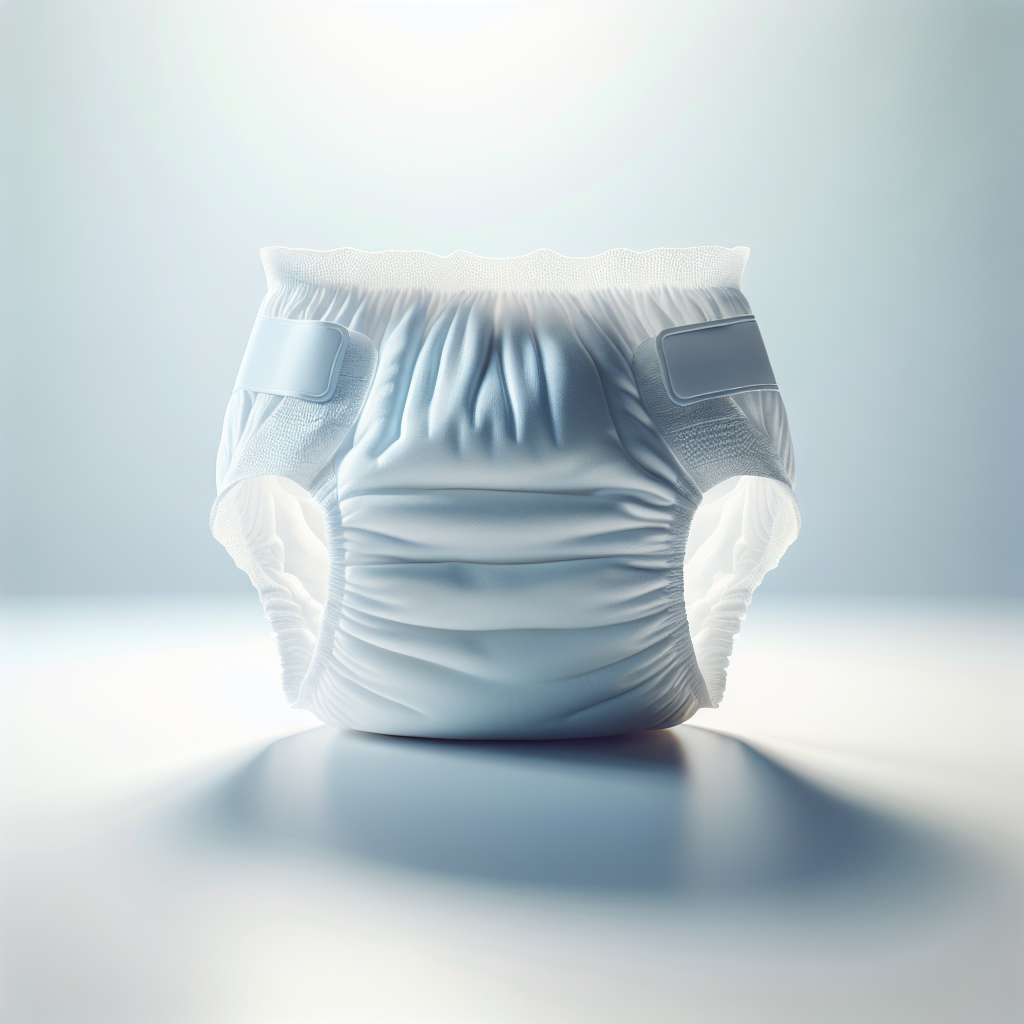 A neatly folded, white adult diaper placed on a clean, white surface.