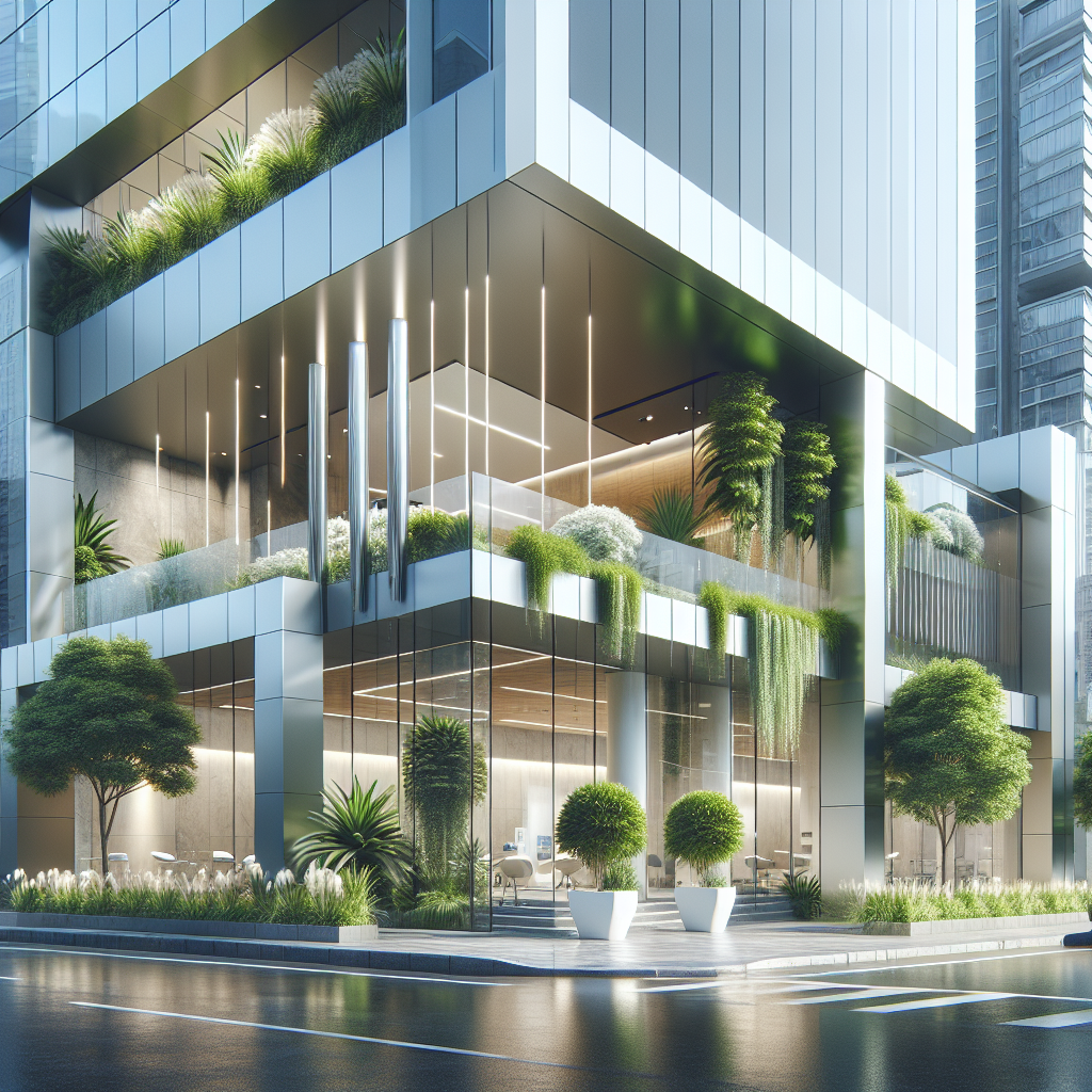 A realistic image of the Q & M Farrer Park dental clinic in a bustling urban area.