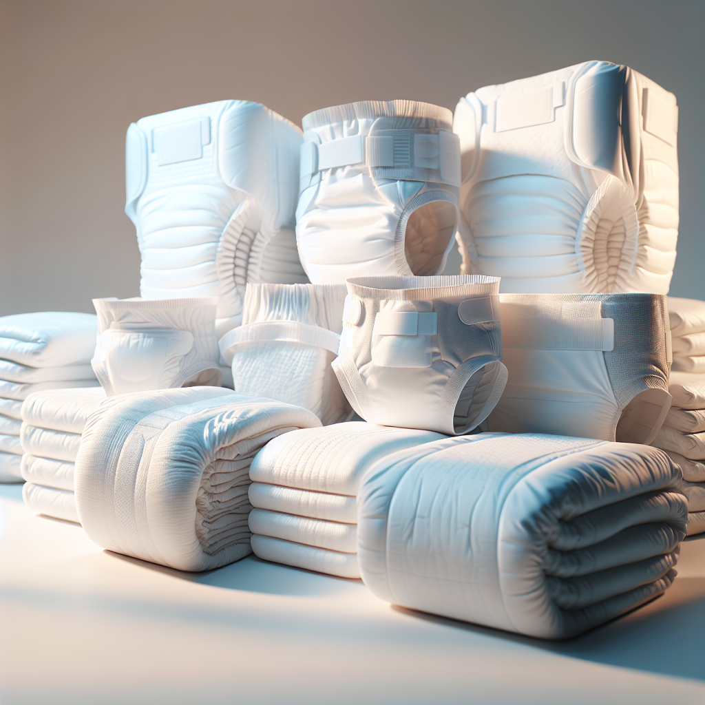 A realistic display of various adult diapers in different sizes and designs on a white surface.
