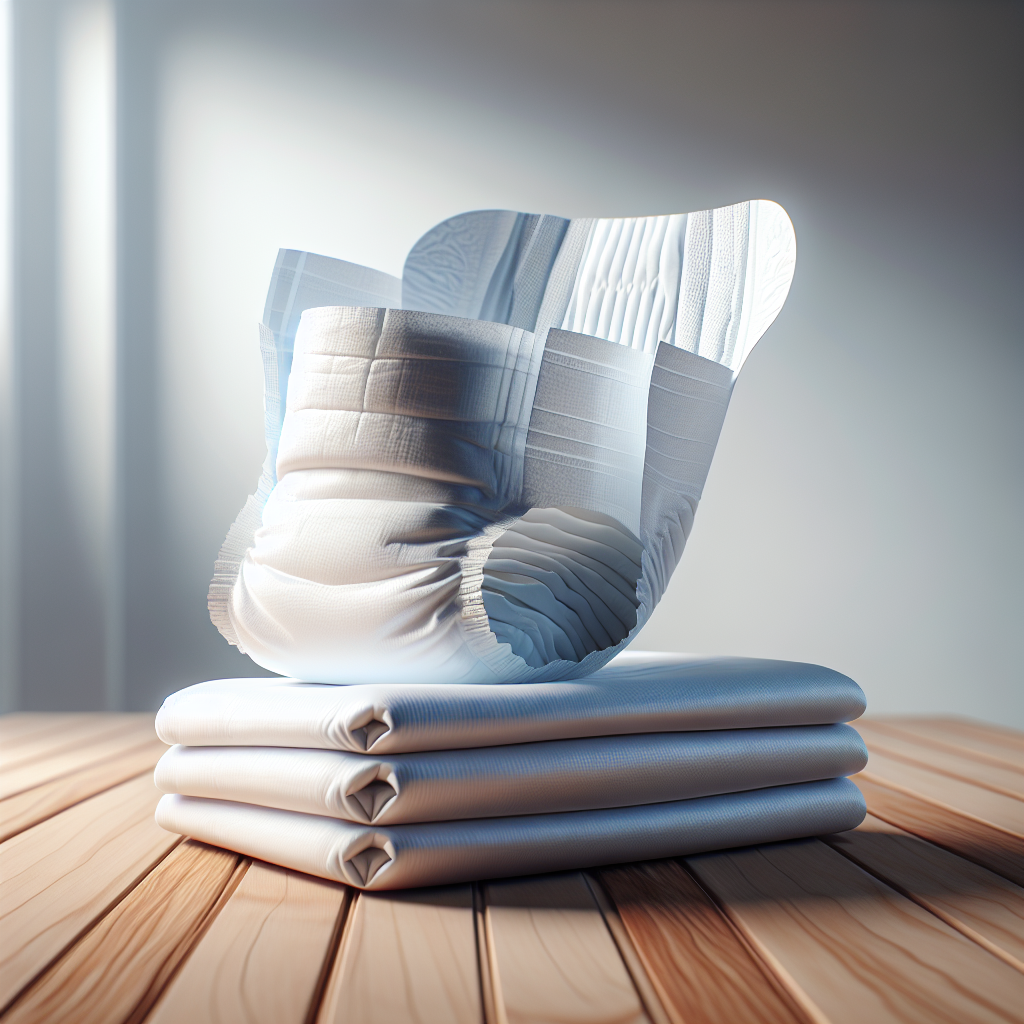 Neatly stacked S&R Adult Diapers on a wooden table, with one diaper opened to display its inner lining and absorbent features.