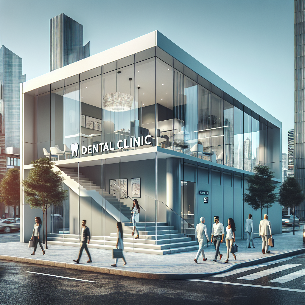 A realistic depiction of the Q & M Farrer Park dental clinic in an urban neighborhood with modern architecture and a welcoming entrance.