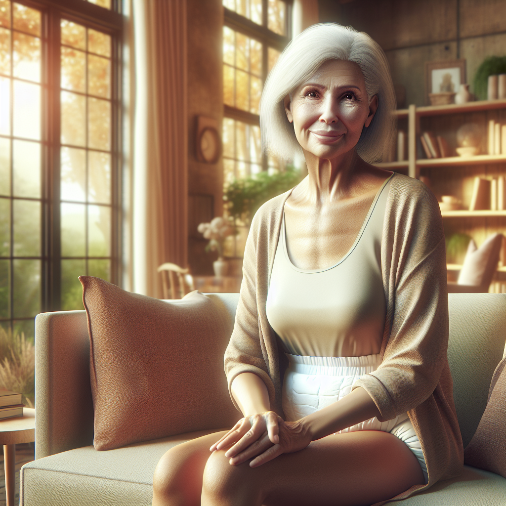 An elderly woman in a cozy living room, confidently wearing an adult diaper under her clothing.