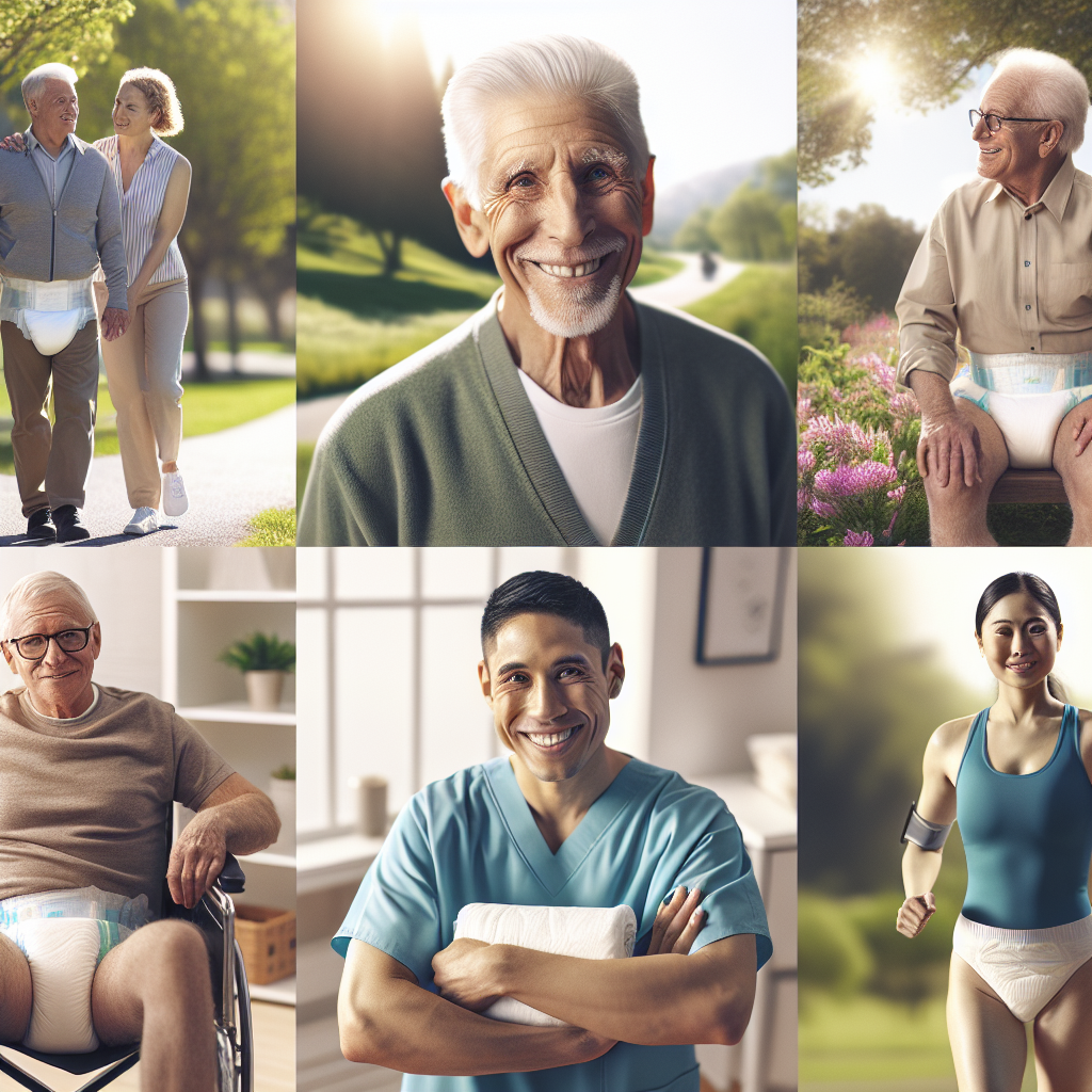 Illustration of adults in various settings subtly demonstrating the use of adult diapers for different needs.