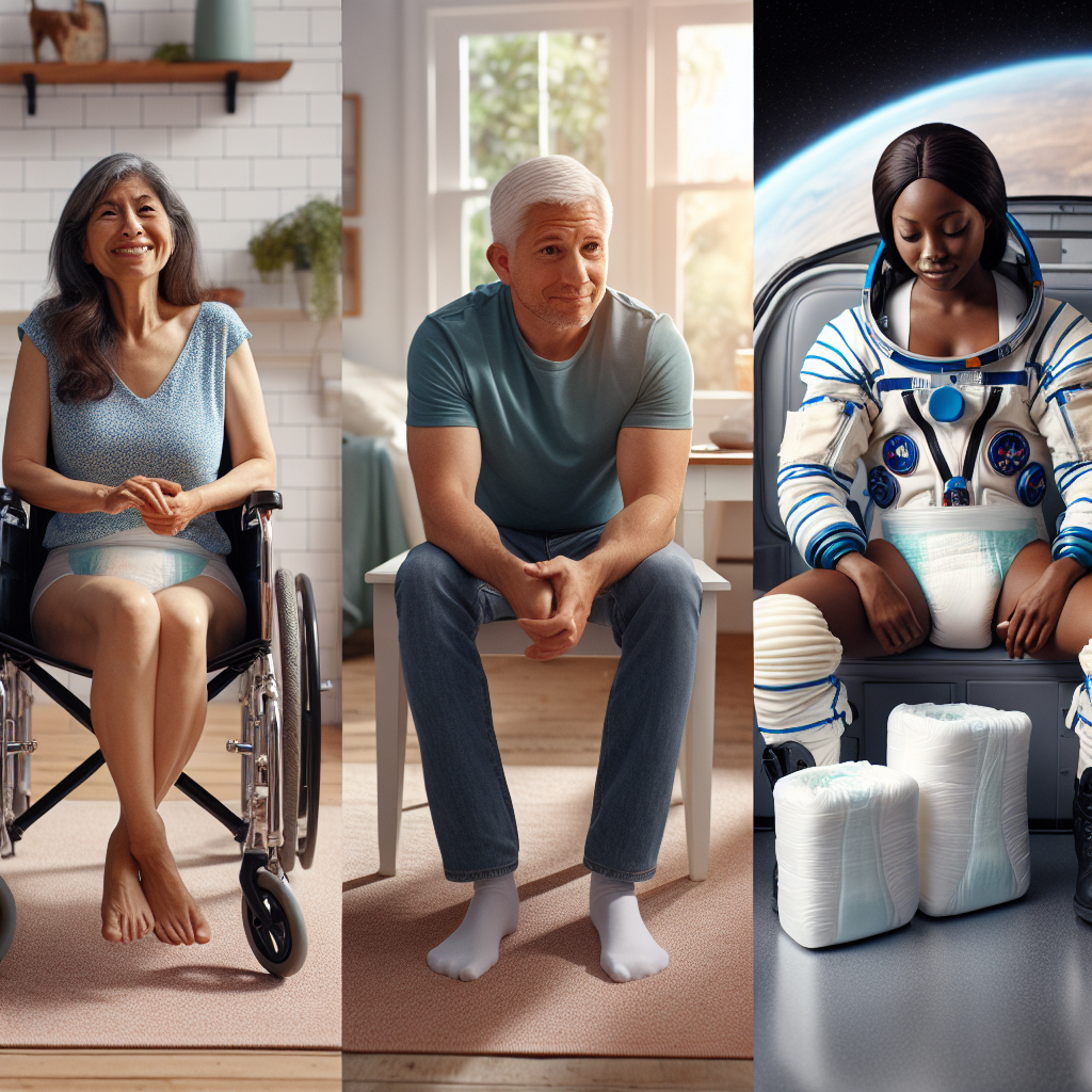 Various scenarios of adult diaper usage including a woman in a wheelchair, a truck driver, and an astronaut.