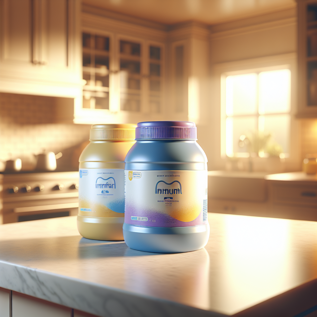 Realistic image of Enfamil AR and Gentlease containers on a kitchen counter.