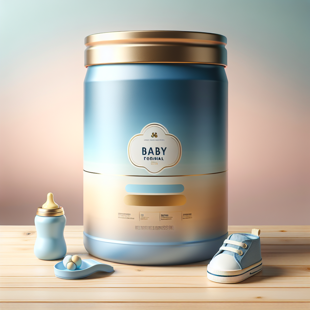 A realistic image of a baby formula container, Enfamil Pro A+ Stage 1, on a wooden table with baby items.