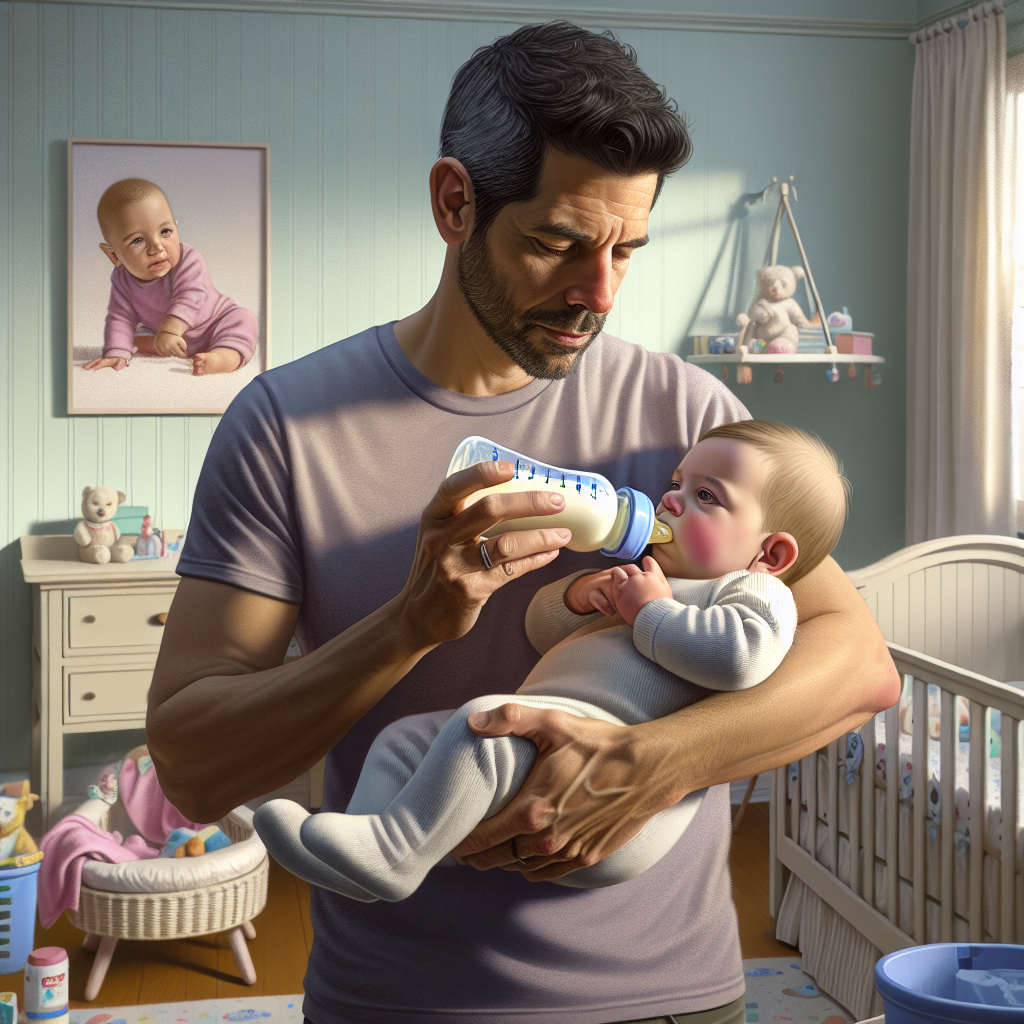 A concerned parent holding a baby feeding from an Enfamil AR Formula bottle in a cozy nursery.