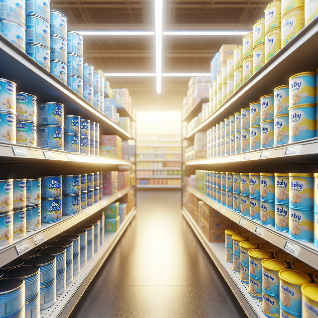 Supermarket shelf with Enfamil AR Formula cans prominently displayed among various baby products.