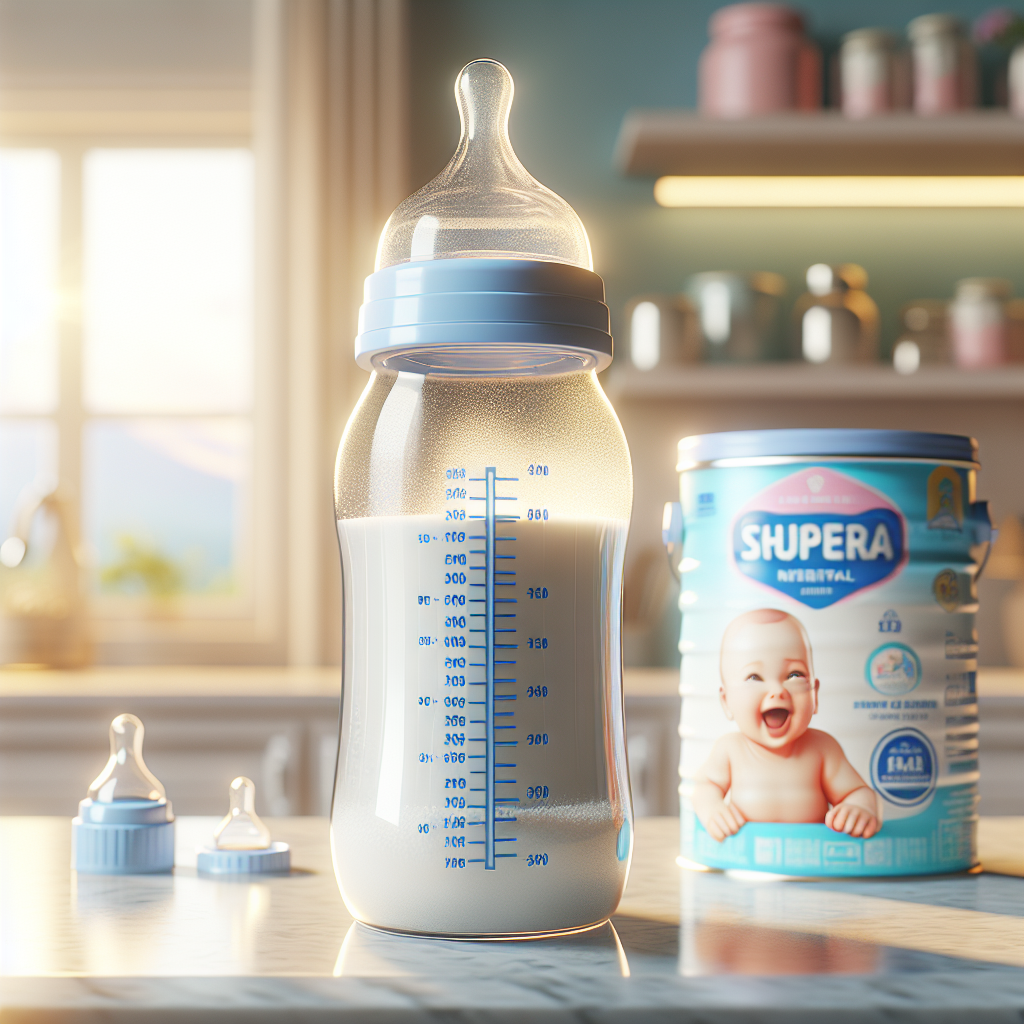 A baby bottle of Enfamil AR Formula on a kitchen counter with a canister of the formula beside it.