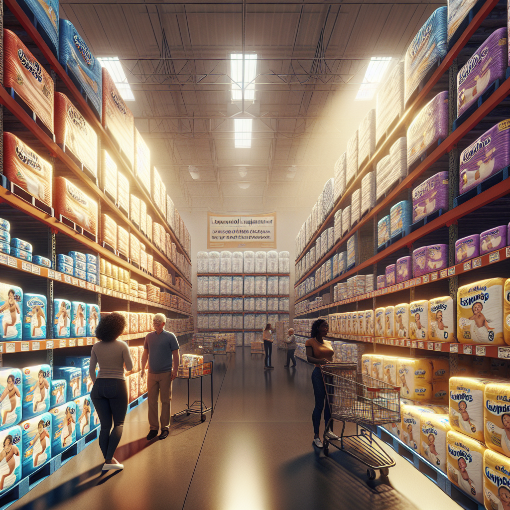 A shopping aisle at BJ's Wholesale Club stocked with adult diapers, showcasing bulk packaging and customer convenience.