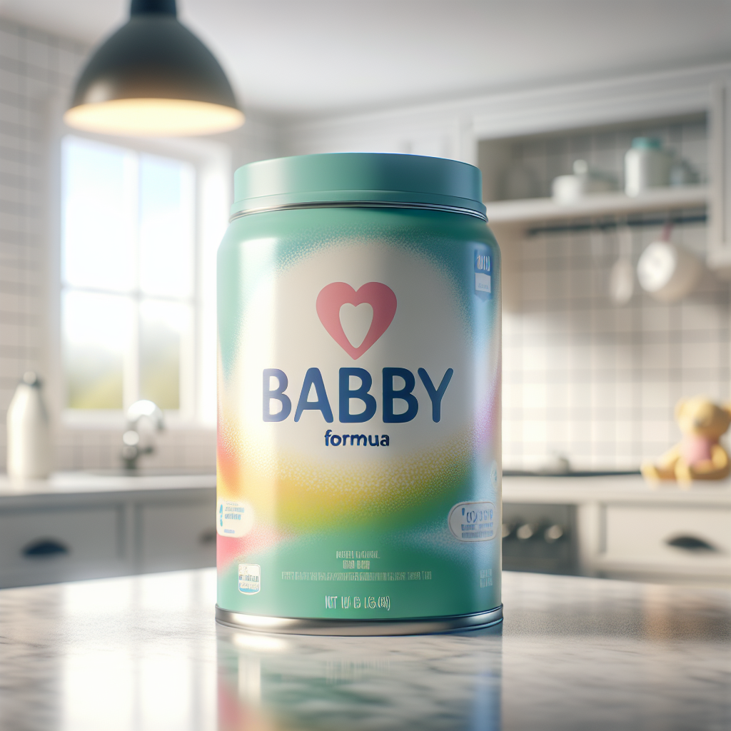 A canister of Enfamil AR Formula on a clean kitchen counter with baby-related items in the background.