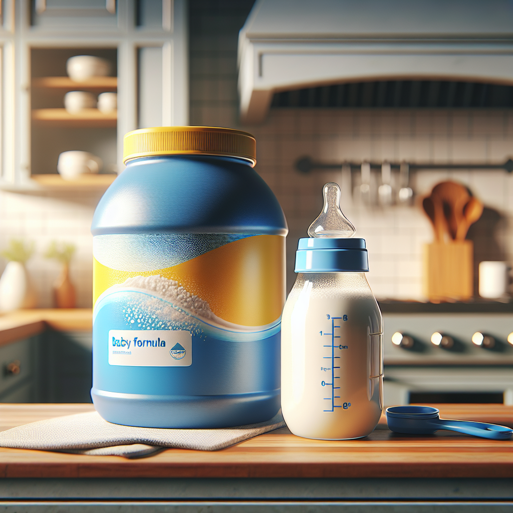 A canister of Enfamil AR Formula on a kitchen counter next to a baby bottle of foamy formula.