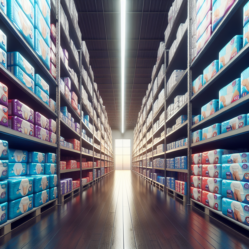 Shelves stocked with various brands of adult diapers at BJ's Wholesale Club.