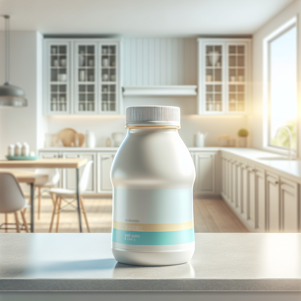 An Enfamil AR infant formula bottle on a countertop in a bright, modern kitchen.