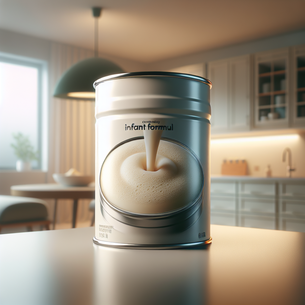 A can of Enfamil AR Formula on a kitchen counter with a foamy texture visible inside.