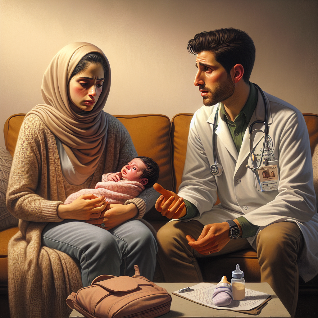 A worried parent holding a newborn while consulting with a pediatrician about constipation.