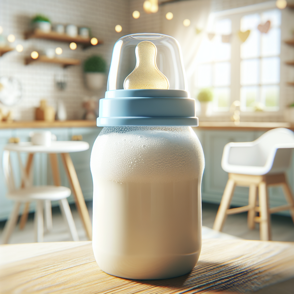 A baby bottle filled with foamy Enfamil AR Formula in a cozy kitchen setting.