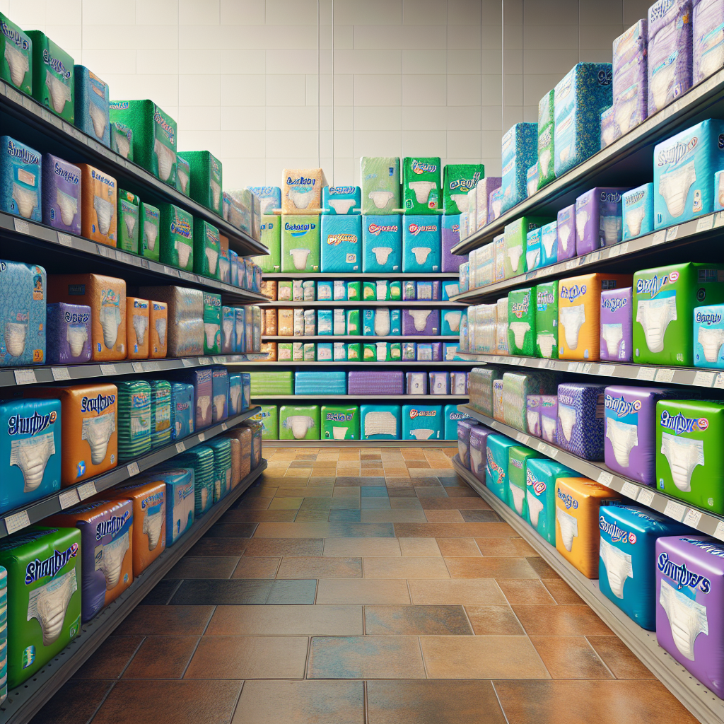 Store aisle with various packages of adult diapers neatly displayed on shelves in a well-lit, organized wholesale club.