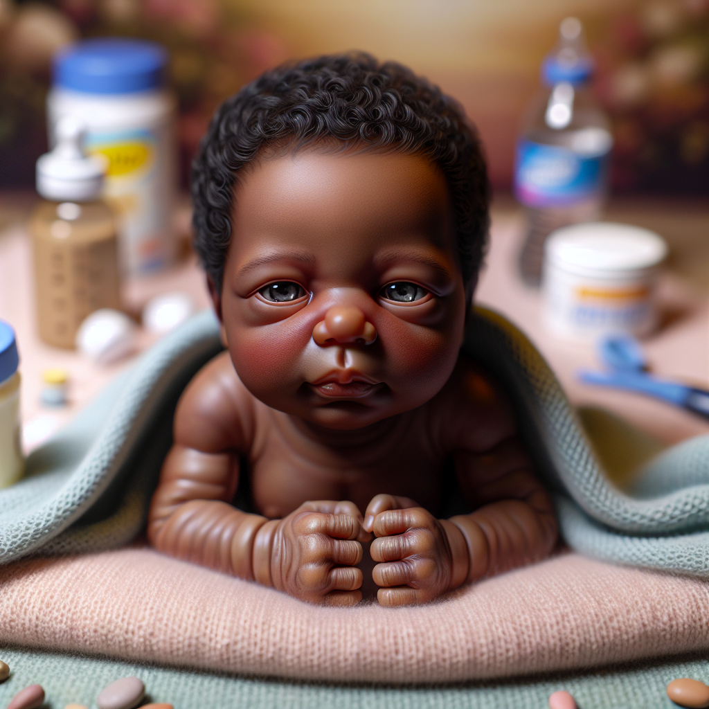 A realistic image of a newborn baby lying on a soft blanket, showing signs of discomfort, surrounded by baby formula cans, a baby bottle, and a water bottle.