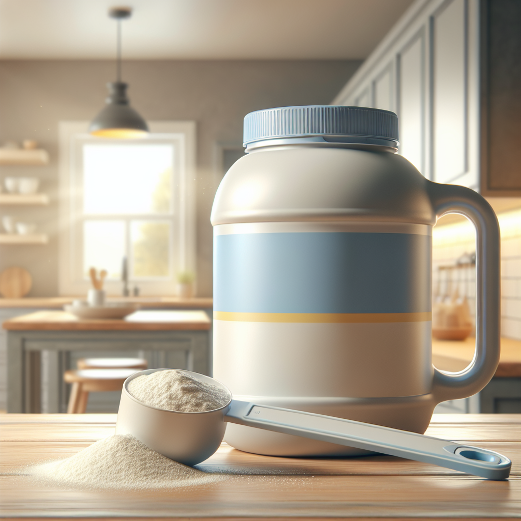 A container of Enfamil AR Formula on a kitchen countertop with a measuring scoop of foamy formula powder beside it.