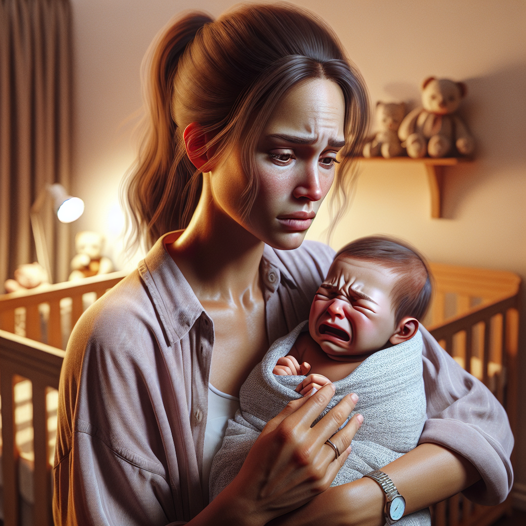 A worried mother cradling her newborn baby showing signs of constipation in a cozy, warmly lit nursery.