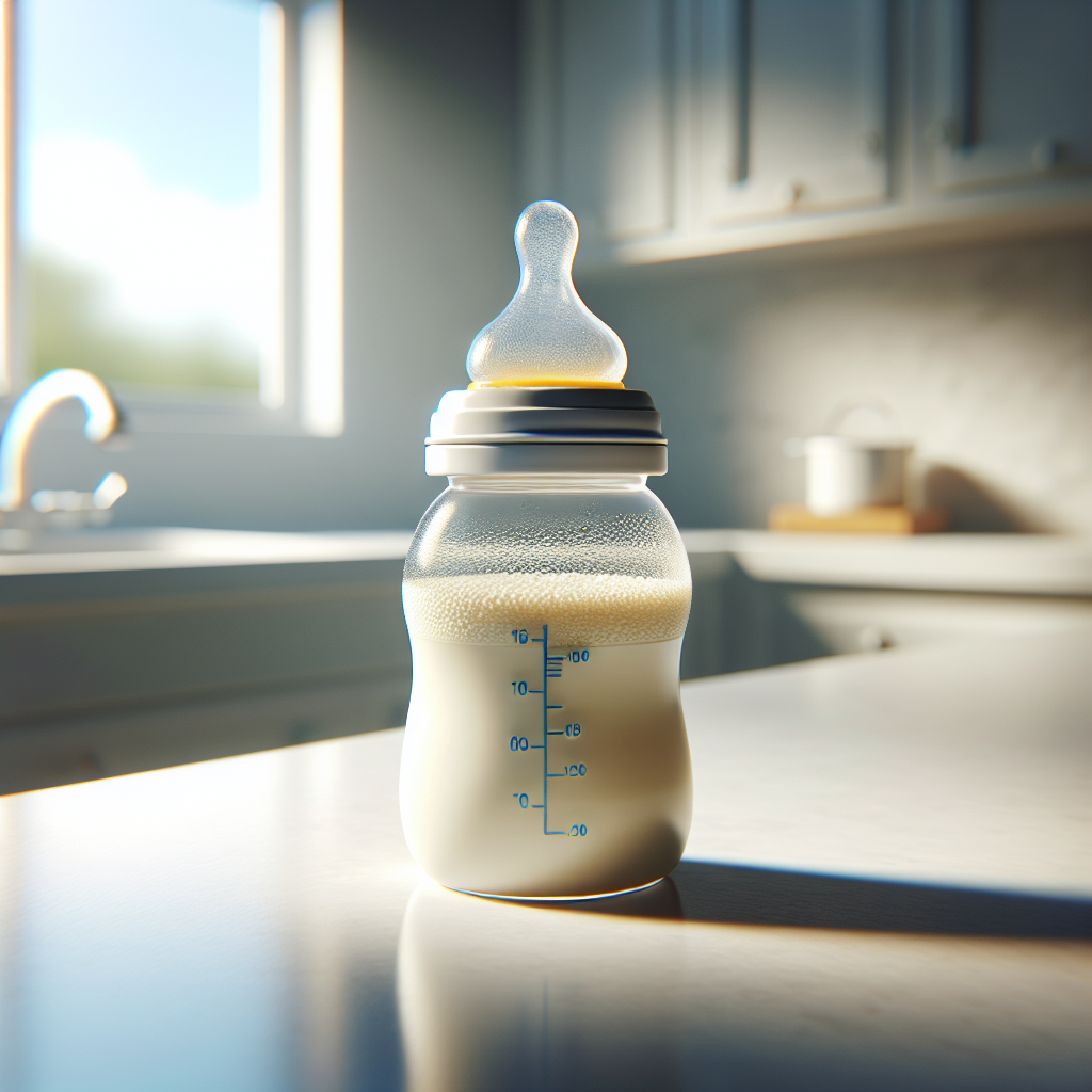 A baby bottle filled with Enfamil AR Formula on a white kitchen countertop.