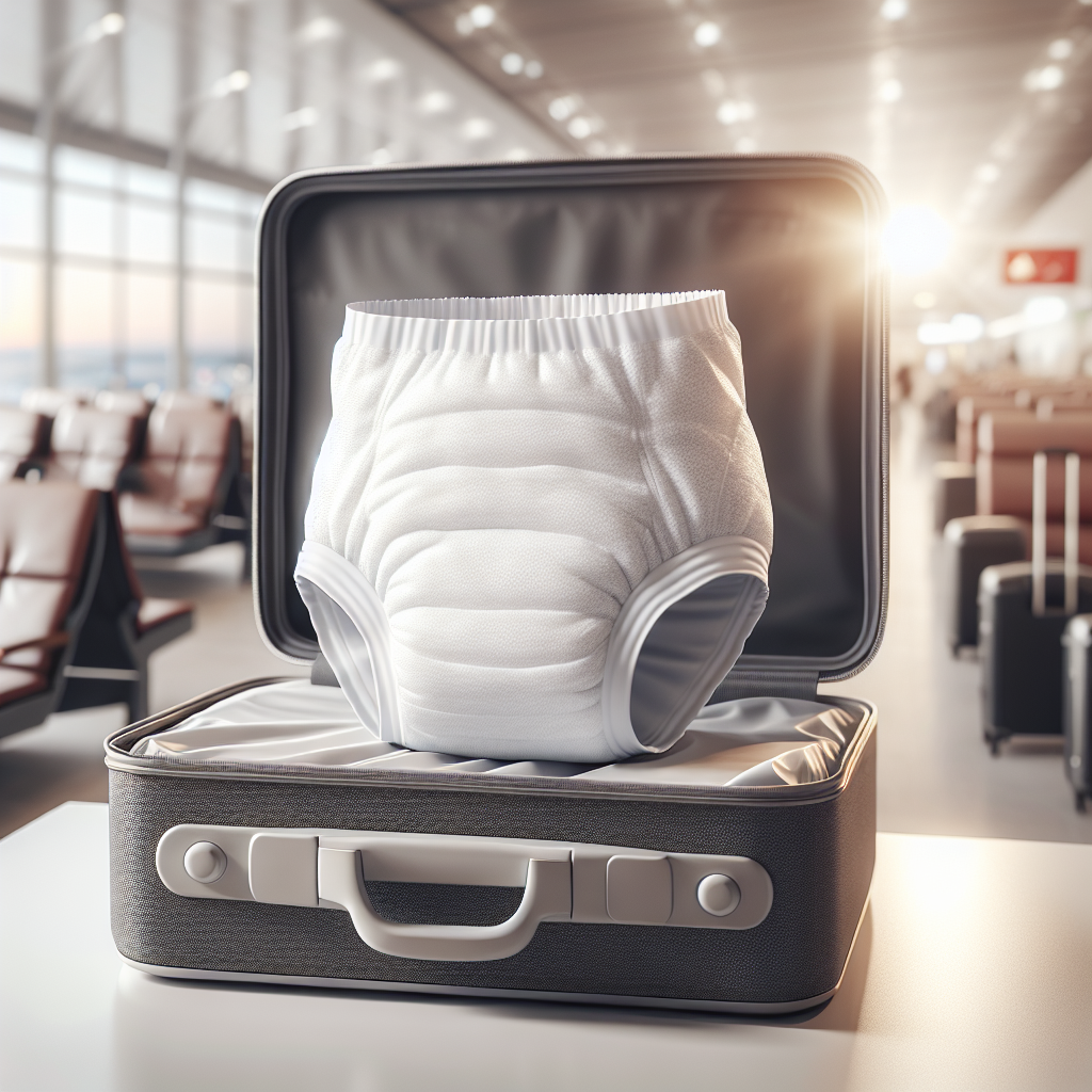 A realistic depiction of travel-friendly adult diapers on a suitcase, highlighting comfort and discret.