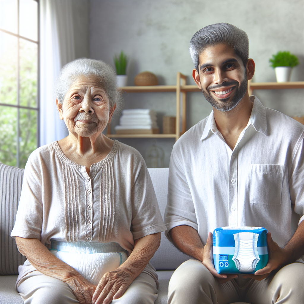 An elderly person with a caregiver in a clean home, highlighting the use of adult diapers.