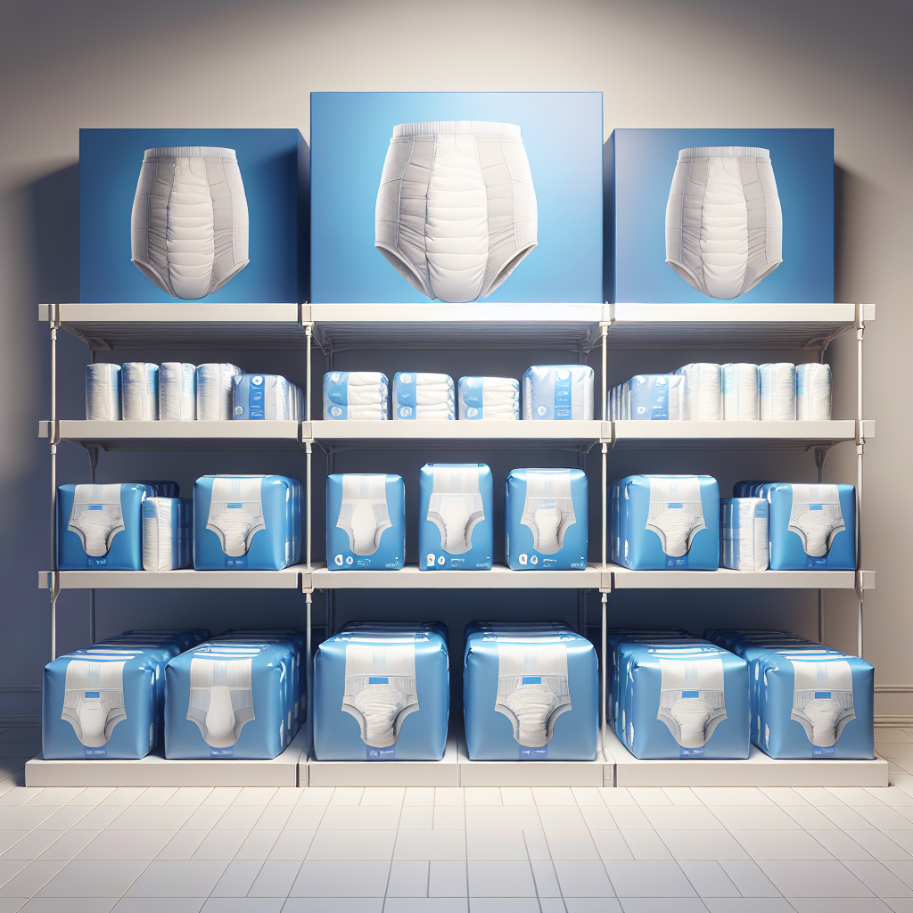 An assortment of men's adult diapers displayed on a pharmacy shelf.