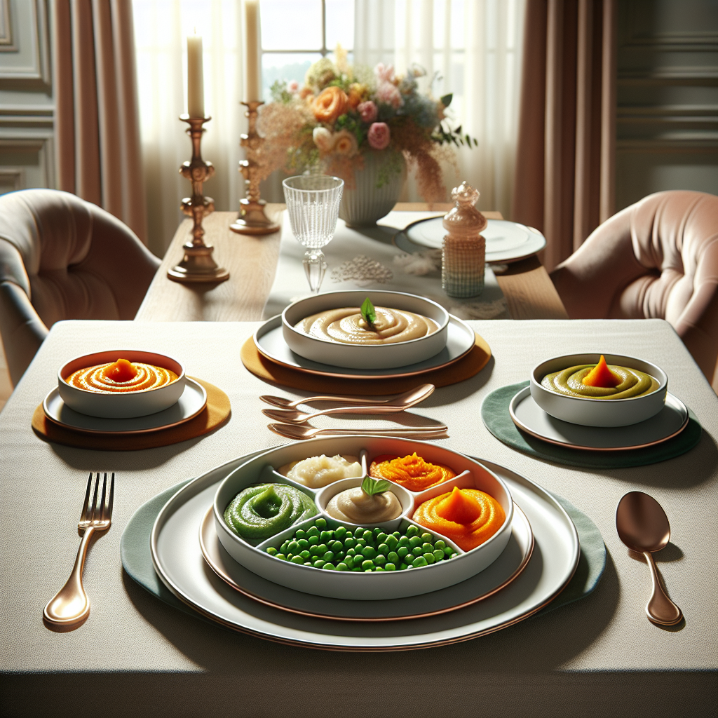 A beautifully presented pureed meal on a dining table with natural lighting.