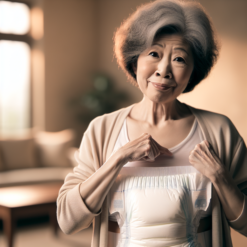 An elderly person using an adult diaper in a clean, comfortable home setting.