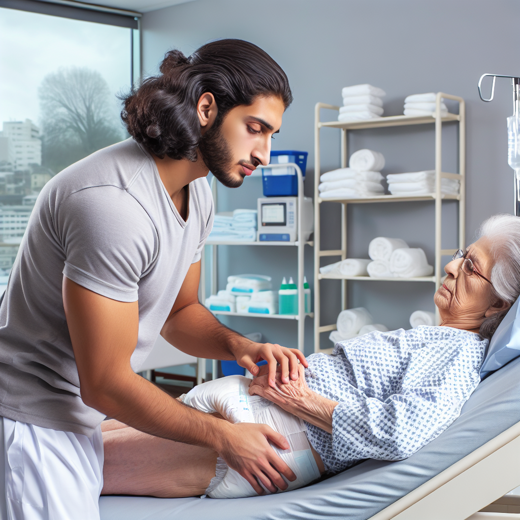 A caregiver changing an adult diaper for an elderly patient in a clean, well-lit room.