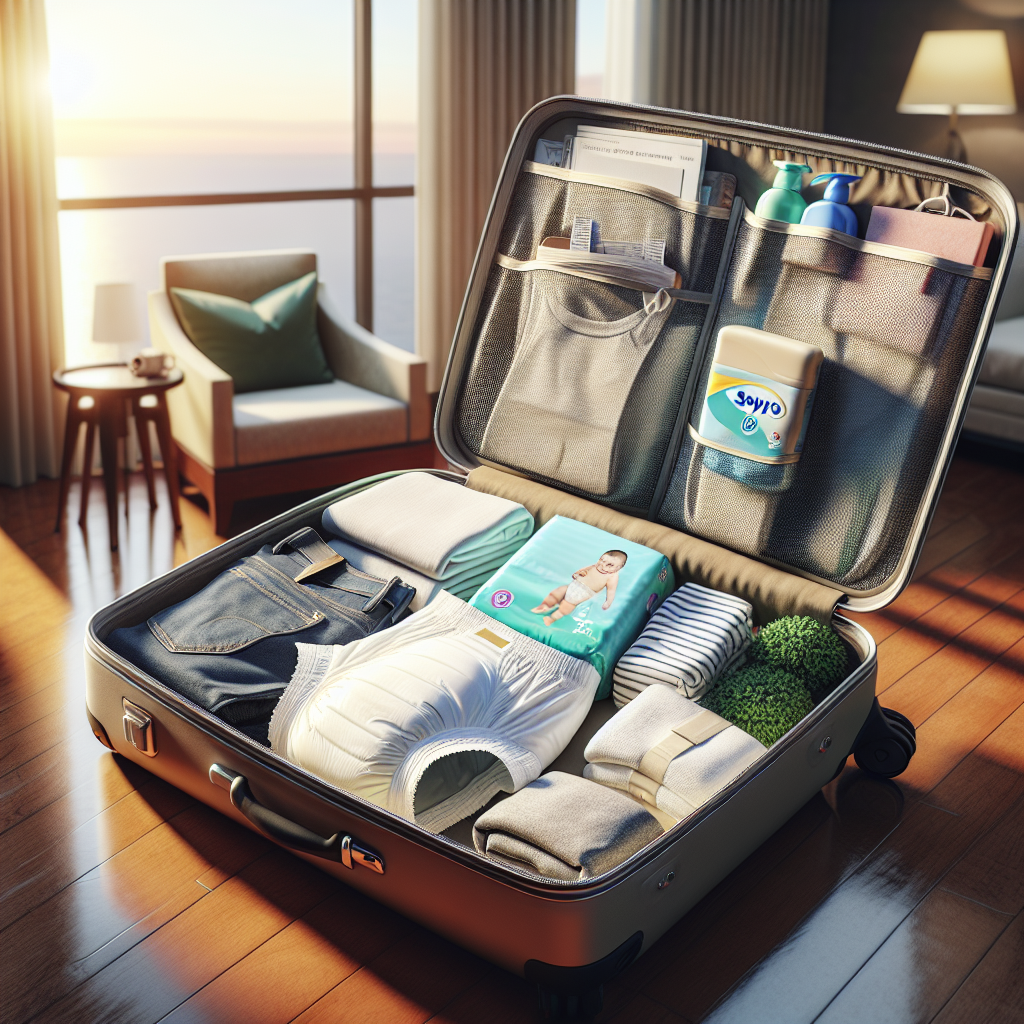 Travel-friendly adult diapers displayed inside an open suitcase with travel essentials.