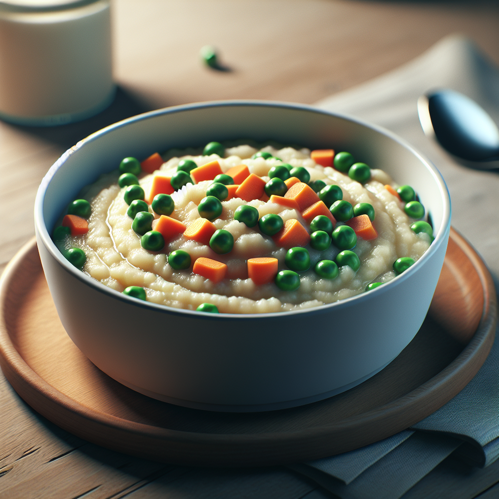 A well-presented pureed meal for adults served in a white bowl on a wooden table with a cozy kitchen background.