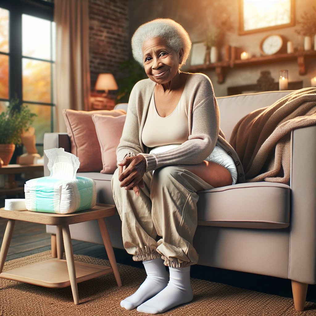 An elderly woman sitting in a cozy living room, wearing an adult diaper discreetly, next to an open package of adult diapers and antibacterial wipes.