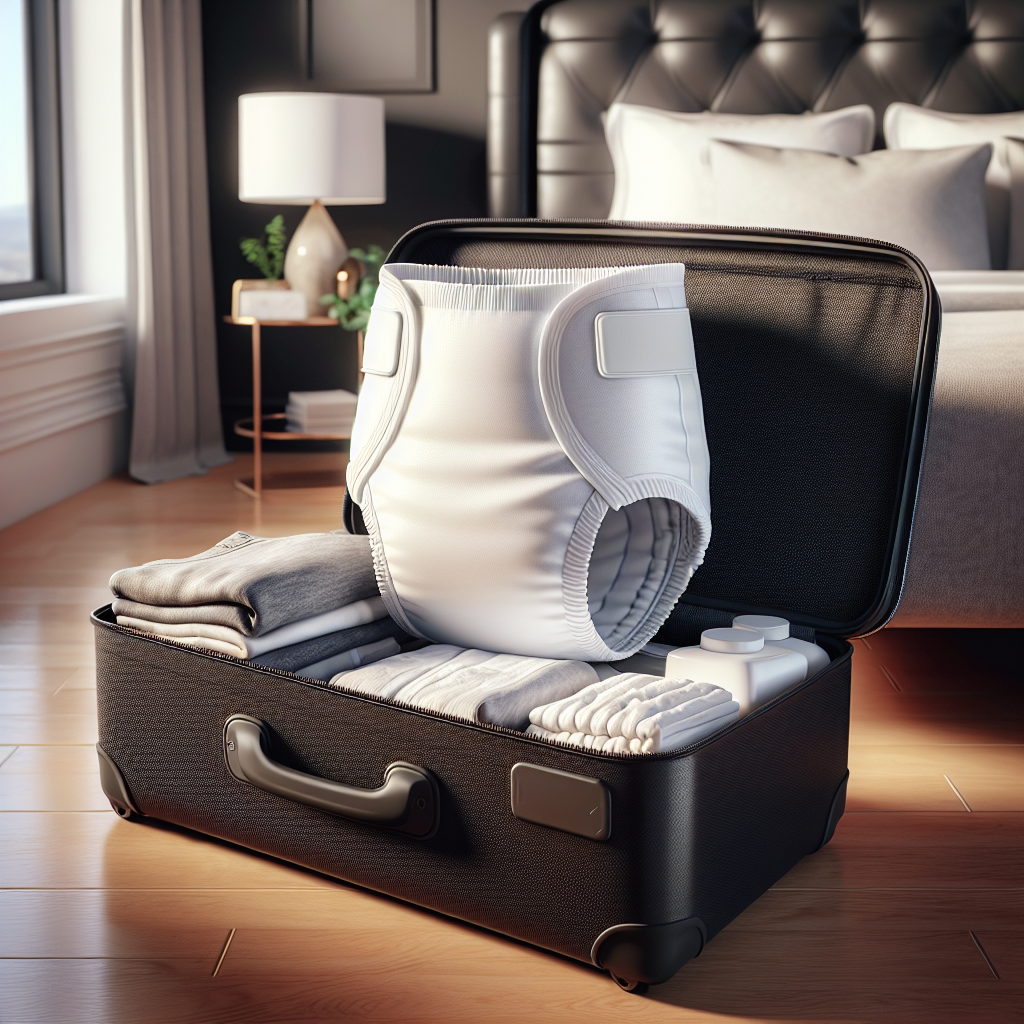 A realistic image of a travel-friendly adult diaper in a well-organized suitcase, emphasizing comfort and convenience for travelers.