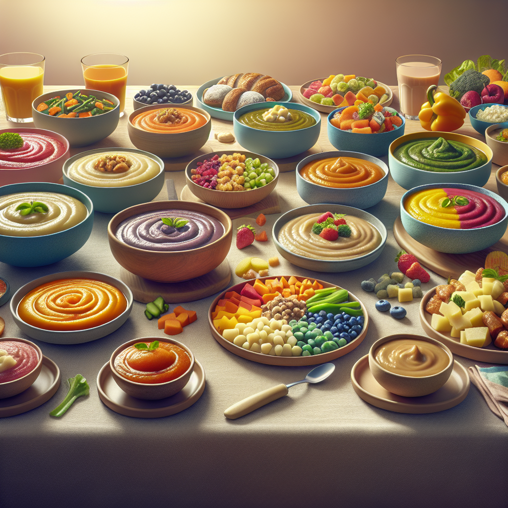 A realistic image of various pureed meals for adults, arranged on a dining table in New Zealand.