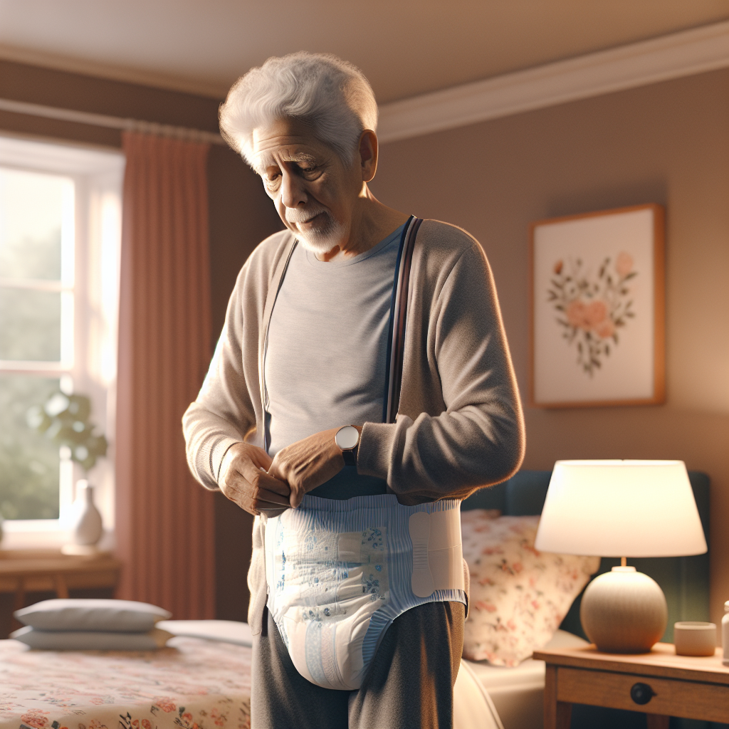 An elderly person in a cozy bedroom adjusting an adult diaper, bathed in warm light.