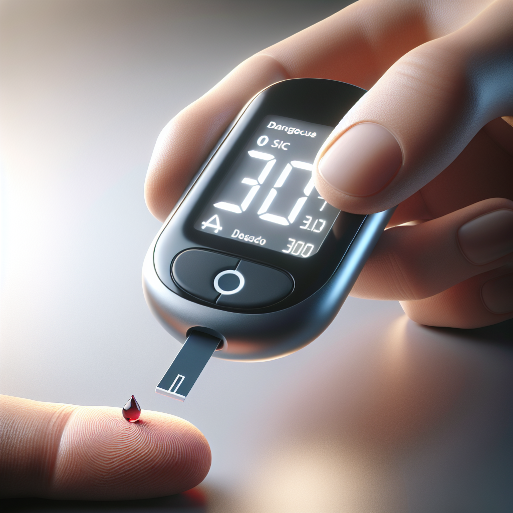 A modern portable blood glucose meter with a digital screen next to a fingertip with a droplet of blood.