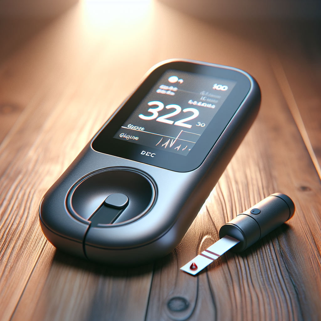 A modern portable blood glucose meter on a wooden table.