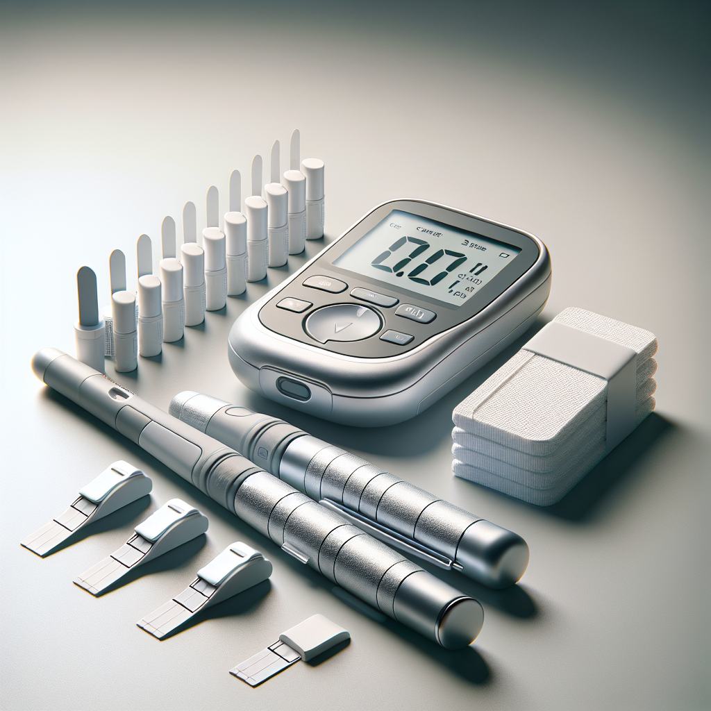 Realistic depiction of a diabetic testing kit with a lancet device, test strips, and a glucose meter.